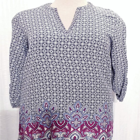 Buttons Dress Large Women's Blue V-Neck Tunic Sheath Roll Tab  3/4 Sleeves Lined - Picture 1 of 16